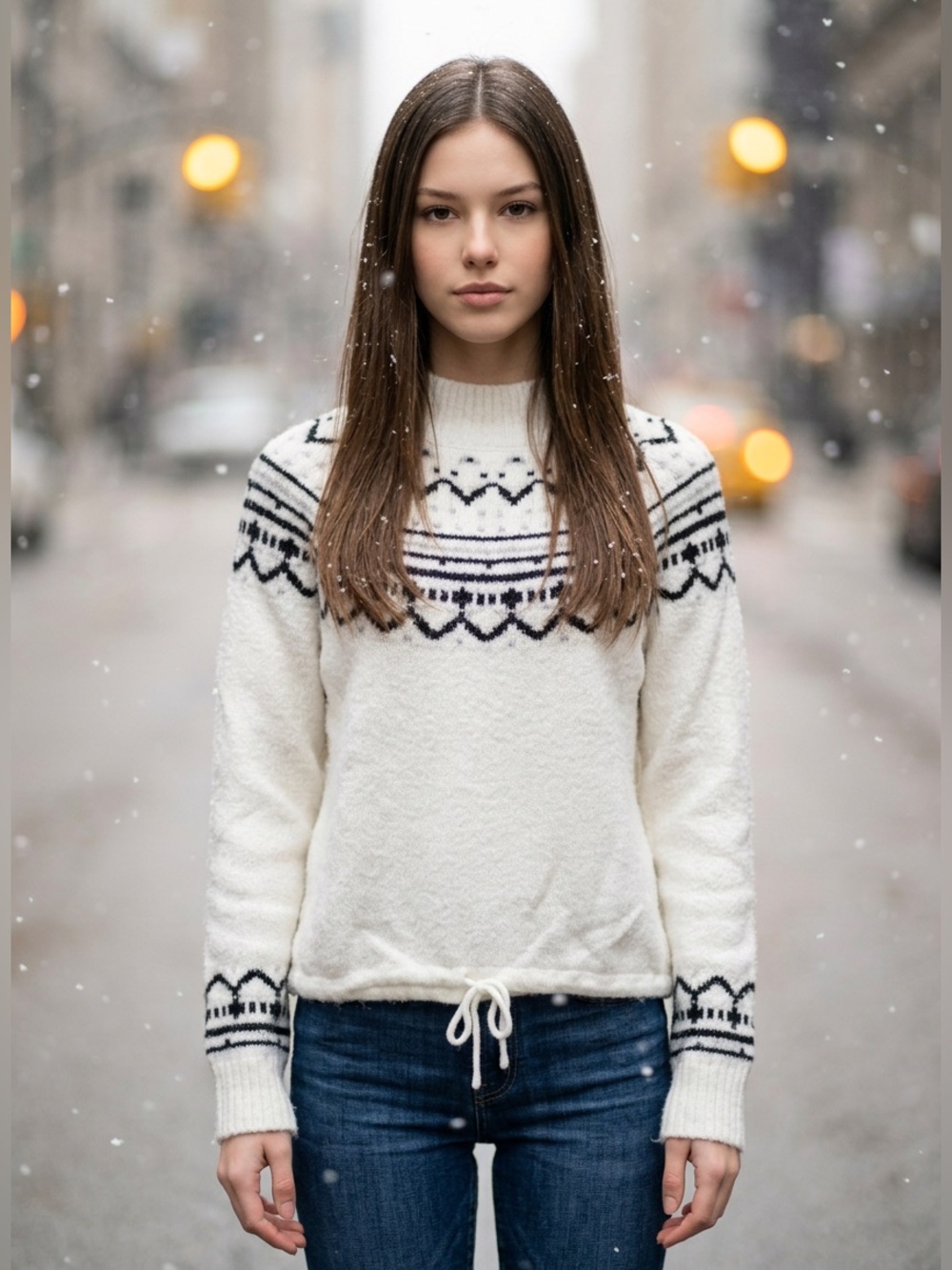 Kikit Fair Isle Mock Neck Knit Pullover Sweater Cream Black Drawstring